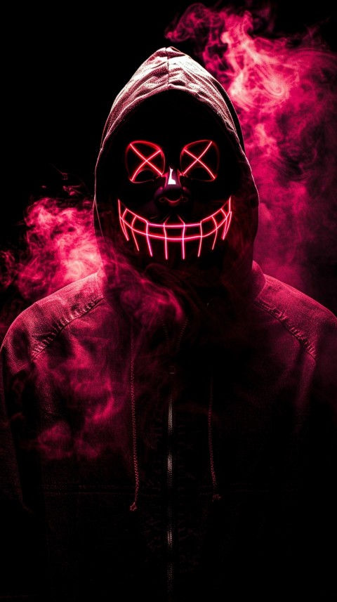 A boy wearing black hoodie with glowing neon smile face mask, surrounded by pink smoke and blue light in the dark background (323)