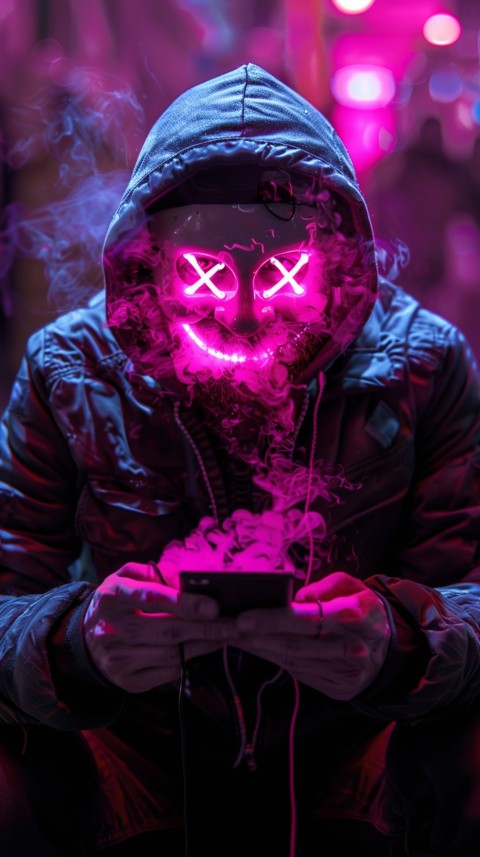 A boy wearing black hoodie with glowing neon smile face mask, surrounded by pink smoke and blue light in the dark background (338)