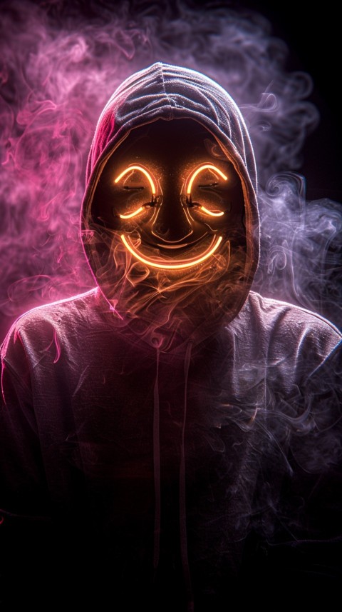 A boy wearing black hoodie with glowing neon smile face mask, surrounded by pink smoke and blue light in the dark background (304)