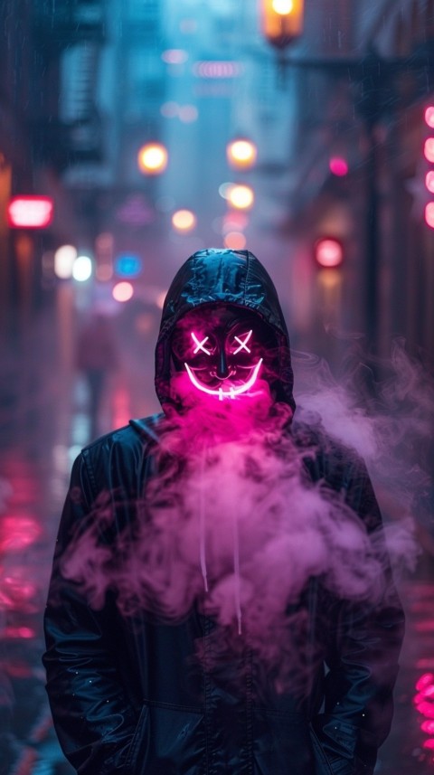 A boy wearing black hoodie with glowing neon smile face mask, surrounded by pink smoke and blue light in the dark background (328)