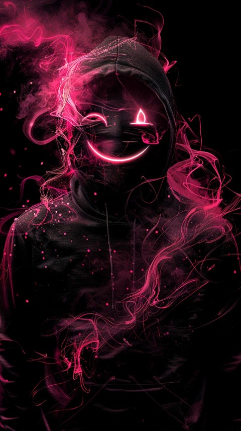 A boy wearing black hoodie with glowing neon smile face mask, surrounded by pink smoke and blue light in the dark background (310)