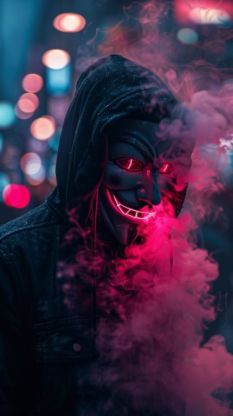 A boy wearing black hoodie with glowing neon smile face mask, surrounded by pink smoke and blue light in the dark background (324)