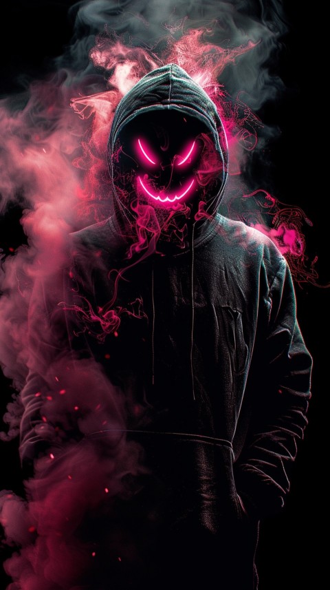 A boy wearing black hoodie with glowing neon smile face mask, surrounded by pink smoke and blue light in the dark background (333)