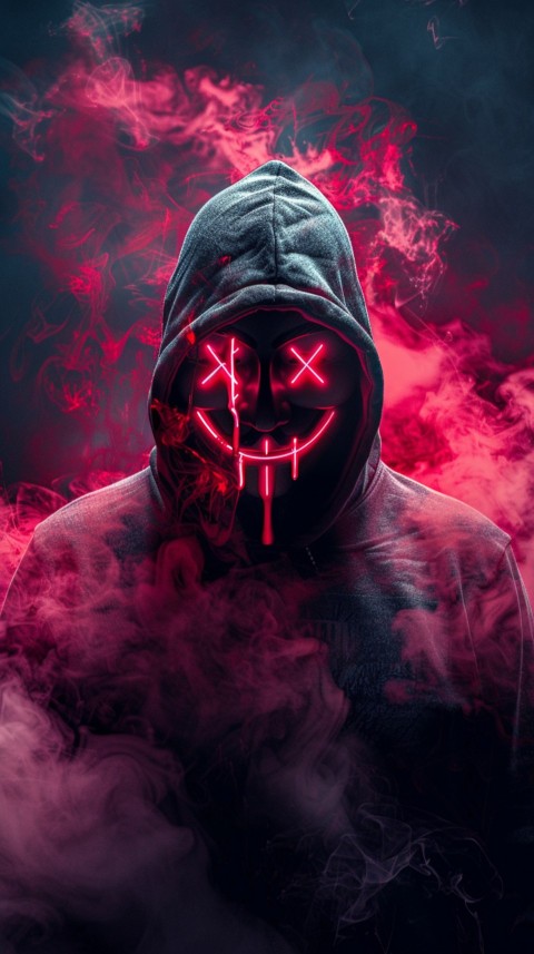 A boy wearing black hoodie with glowing neon smile face mask, surrounded by pink smoke and blue light in the dark background (334)