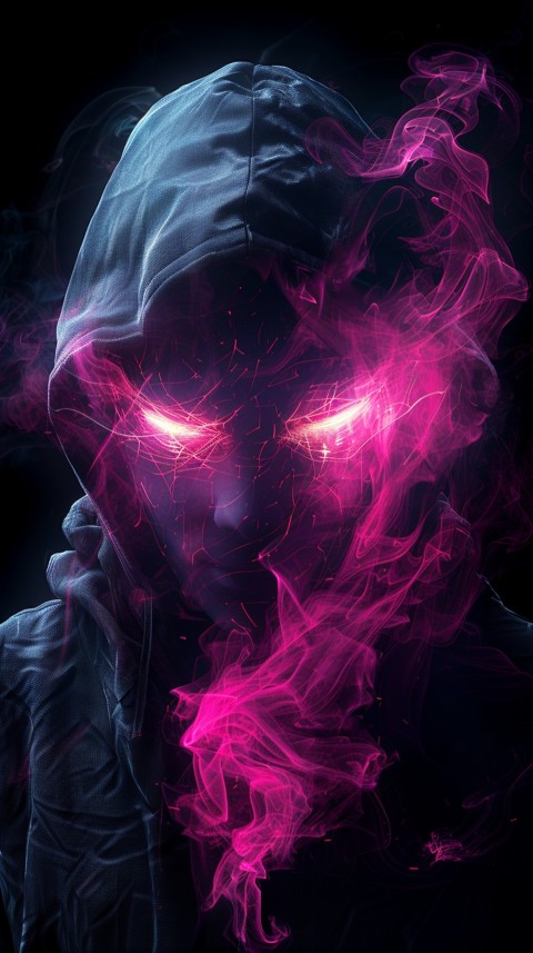 A boy wearing black hoodie with glowing neon smile face mask, surrounded by pink smoke and blue light in the dark background (312)