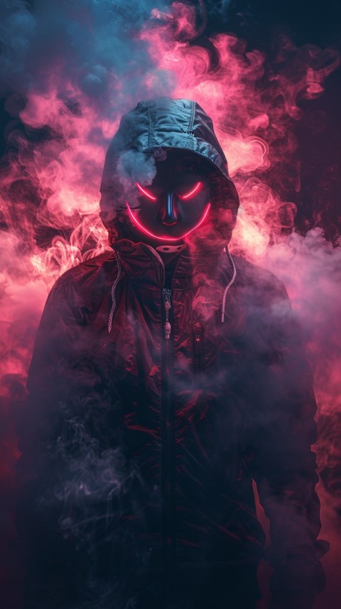 A boy wearing black hoodie with glowing neon smile face mask, surrounded by pink smoke and blue light in the dark background (344)