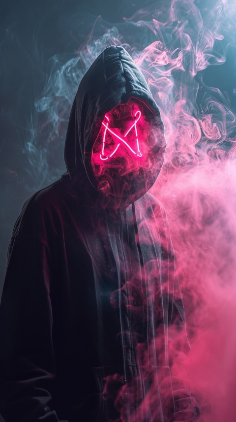 A boy wearing black hoodie with glowing neon smile face mask, surrounded by pink smoke and blue light in the dark background (326)