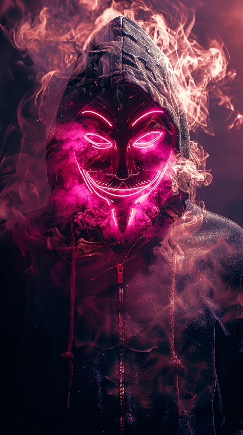 A boy wearing black hoodie with glowing neon smile face mask, surrounded by pink smoke and blue light in the dark background (302)