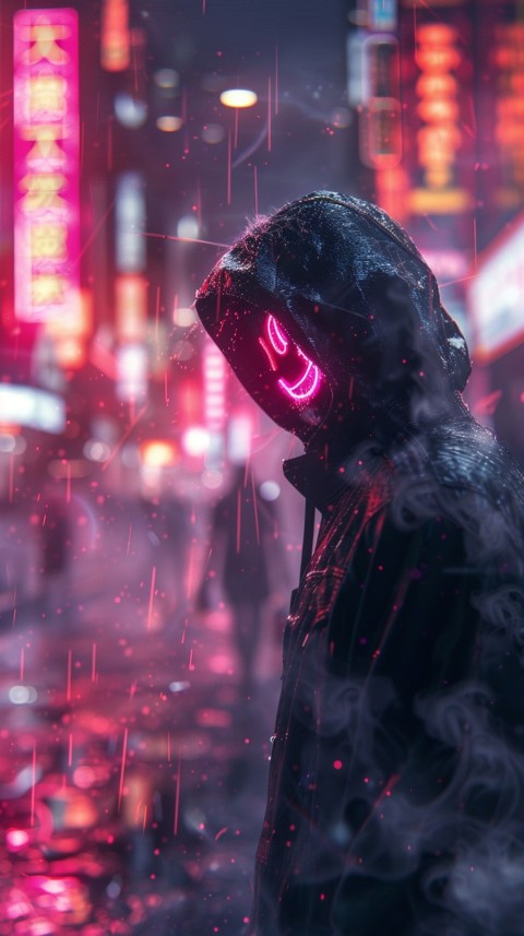 A boy wearing black hoodie with glowing neon smile face mask, surrounded by pink smoke and blue light in the dark background (306)