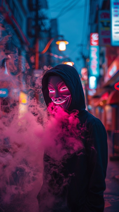 A boy wearing black hoodie with glowing neon smile face mask, surrounded by pink smoke and blue light in the dark background (319)