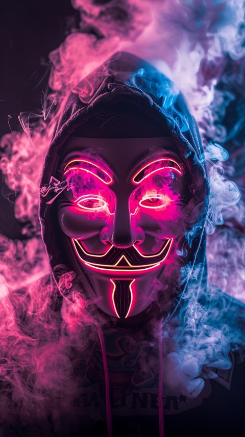 A boy wearing black hoodie with glowing neon smile face mask, surrounded by pink smoke and blue light in the dark background (335)