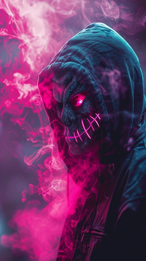 A boy wearing black hoodie with glowing neon smile face mask, surrounded by pink smoke and blue light in the dark background (331)