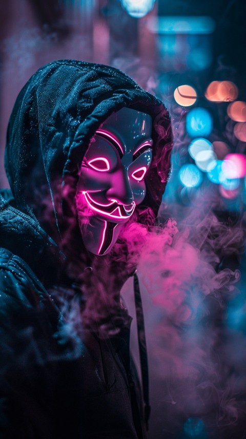 A boy wearing black hoodie with glowing neon smile face mask, surrounded by pink smoke and blue light in the dark background (341)