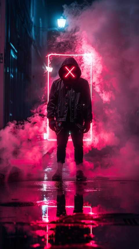 A boy wearing black hoodie with glowing neon smile face mask, surrounded by pink smoke and blue light in the dark background (332)