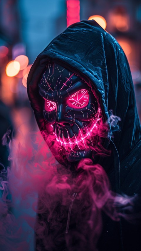 A boy wearing black hoodie with glowing neon smile face mask, surrounded by pink smoke and blue light in the dark background (320)