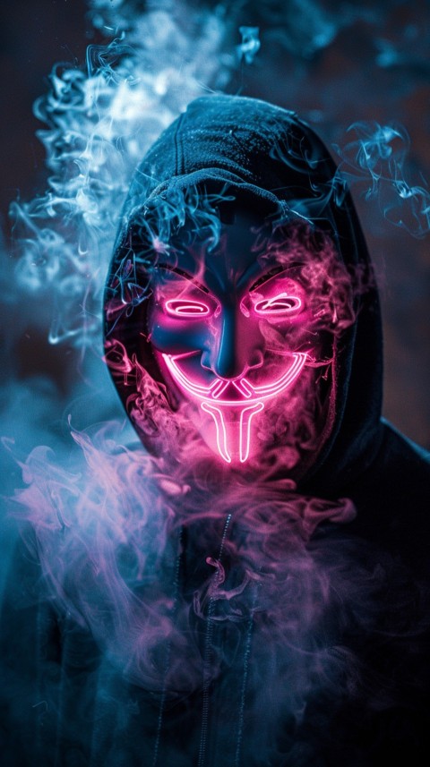 A boy wearing black hoodie with glowing neon smile face mask, surrounded by pink smoke and blue light in the dark background (311)