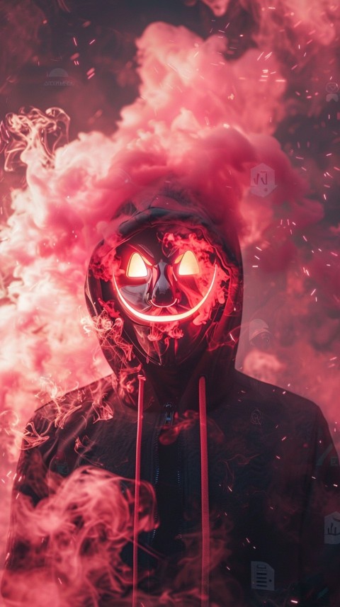 A boy wearing black hoodie with glowing neon smile face mask, surrounded by pink smoke and blue light in the dark background (336)