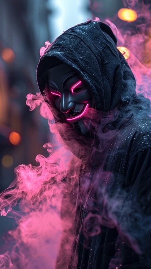A boy wearing black hoodie with glowing neon smile face mask, surrounded by pink smoke and blue light in the dark background (342)