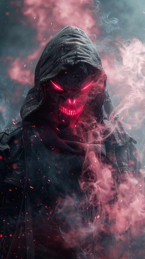 A boy wearing black hoodie with glowing neon smile face mask, surrounded by pink smoke and blue light in the dark background (350)