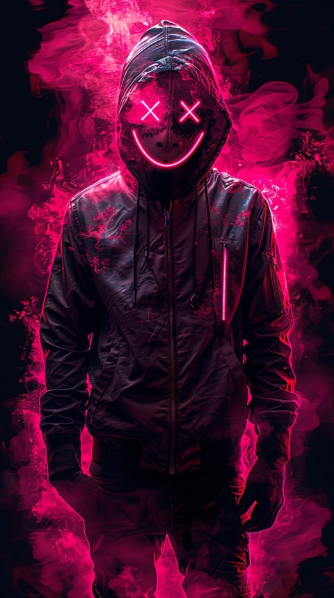 A boy wearing black hoodie with glowing neon smile face mask, surrounded by pink smoke and blue light in the dark background (301)