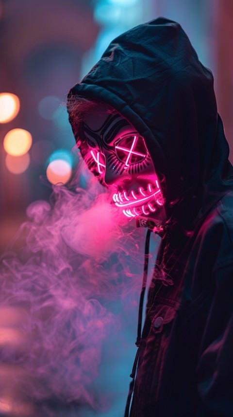 A boy wearing black hoodie with glowing neon smile face mask, surrounded by pink smoke and blue light in the dark background (364)