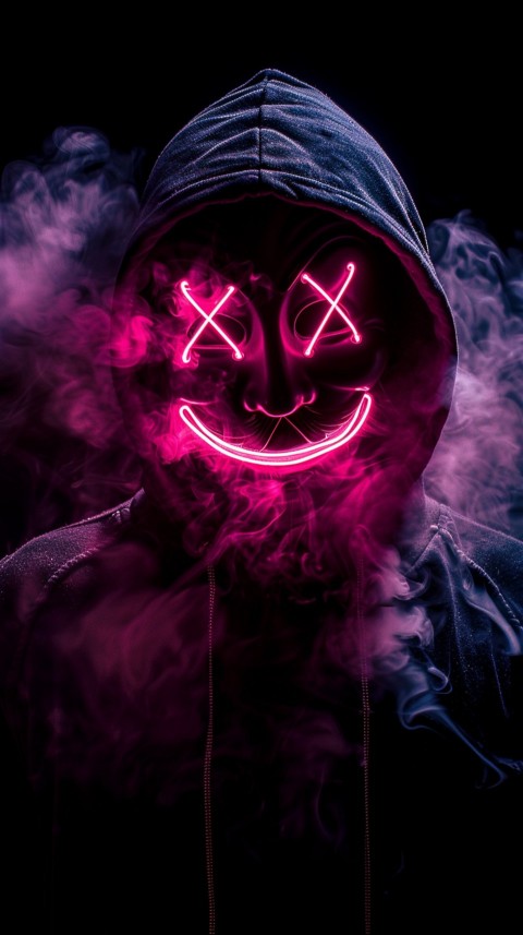 A boy wearing black hoodie with glowing neon smile face mask, surrounded by pink smoke and blue light in the dark background (393)