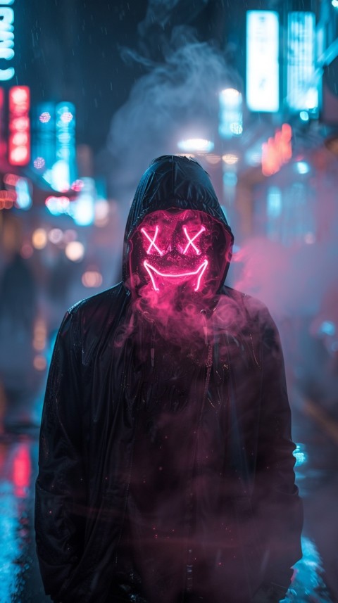 A boy wearing black hoodie with glowing neon smile face mask, surrounded by pink smoke and blue light in the dark background (382)