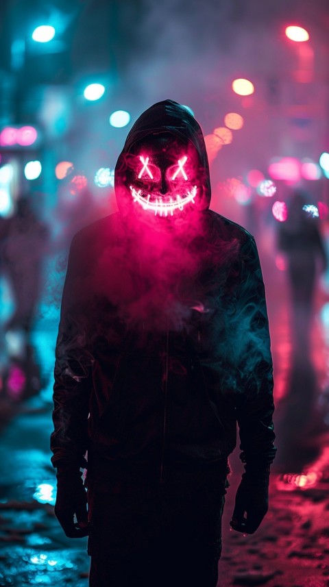 A boy wearing black hoodie with glowing neon smile face mask, surrounded by pink smoke and blue light in the dark background (386)