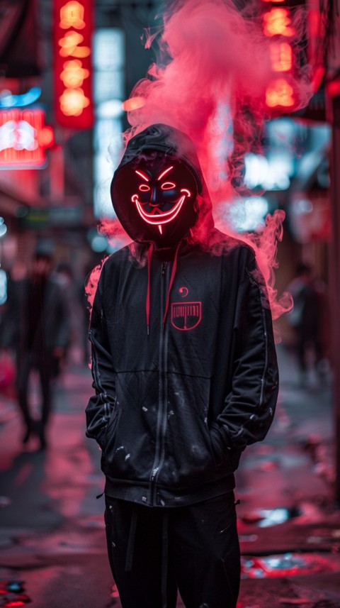 A boy wearing black hoodie with glowing neon smile face mask, surrounded by pink smoke and blue light in the dark background (358)