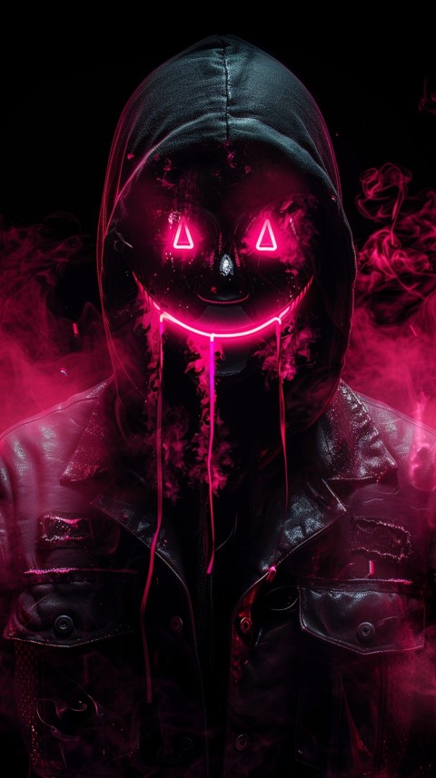 A boy wearing black hoodie with glowing neon smile face mask, surrounded by pink smoke and blue light in the dark background (397)