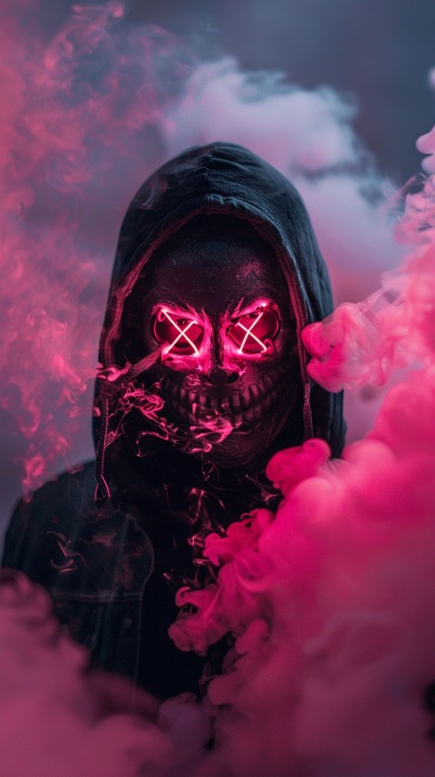 A boy wearing black hoodie with glowing neon smile face mask, surrounded by pink smoke and blue light in the dark background (388)