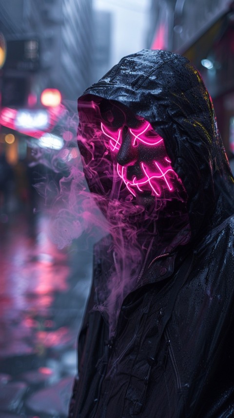 A boy wearing black hoodie with glowing neon smile face mask, surrounded by pink smoke and blue light in the dark background (379)