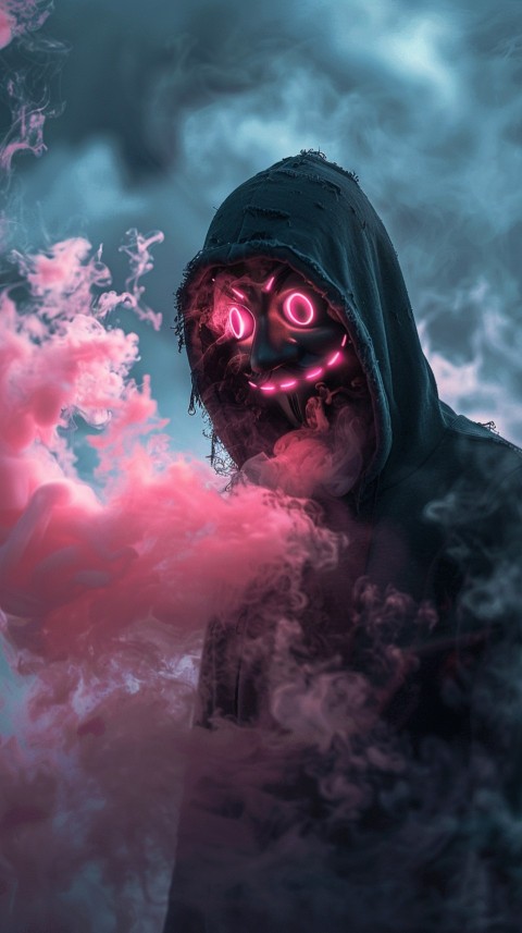 A boy wearing black hoodie with glowing neon smile face mask, surrounded by pink smoke and blue light in the dark background (356)