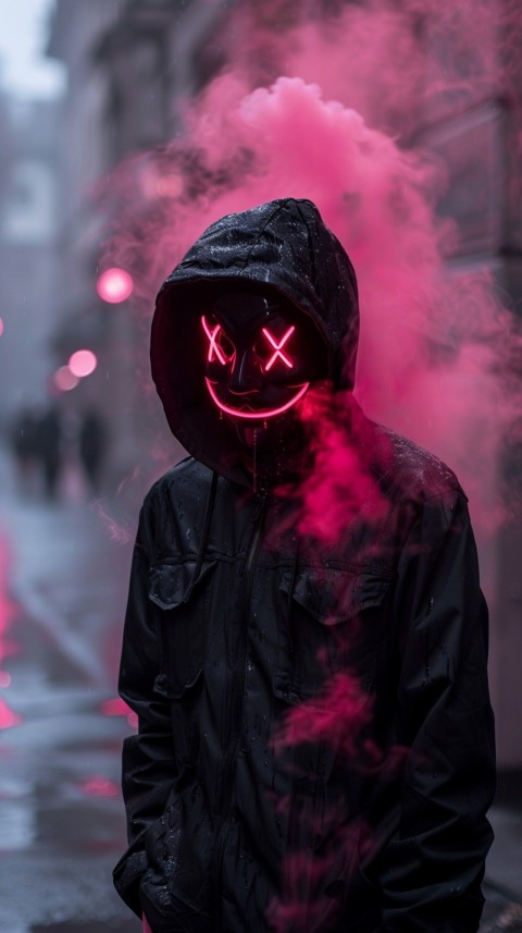 A boy wearing black hoodie with glowing neon smile face mask, surrounded by pink smoke and blue light in the dark background (391)
