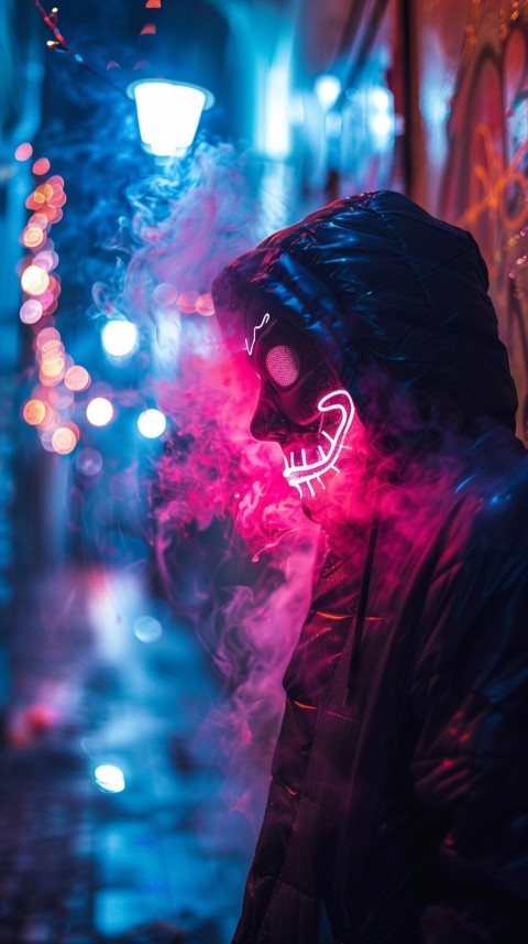 A boy wearing black hoodie with glowing neon smile face mask, surrounded by pink smoke and blue light in the dark background (351)