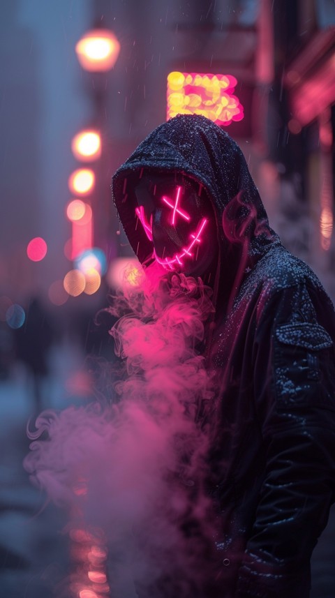 A boy wearing black hoodie with glowing neon smile face mask, surrounded by pink smoke and blue light in the dark background (359)