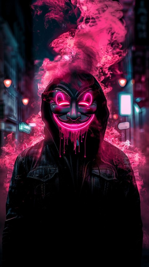 A boy wearing black hoodie with glowing neon smile face mask, surrounded by pink smoke and blue light in the dark background (398)