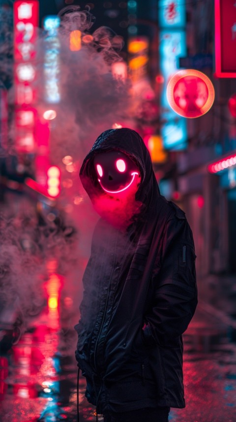 A boy wearing black hoodie with glowing neon smile face mask, surrounded by pink smoke and blue light in the dark background (376)