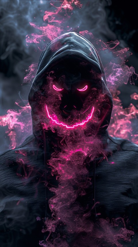 A boy wearing black hoodie with glowing neon smile face mask, surrounded by pink smoke and blue light in the dark background (353)