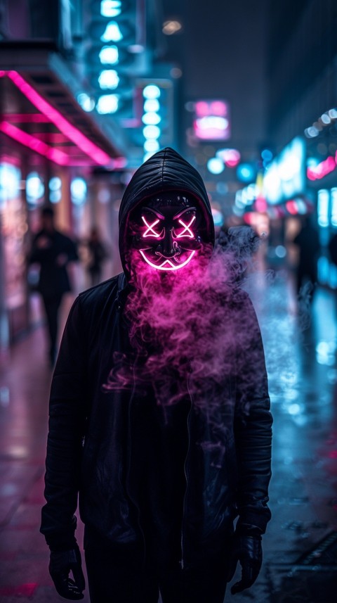 A boy wearing black hoodie with glowing neon smile face mask, surrounded by pink smoke and blue light in the dark background (395)