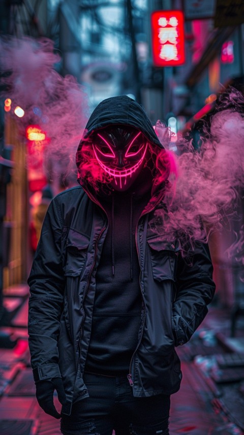 A boy wearing black hoodie with glowing neon smile face mask, surrounded by pink smoke and blue light in the dark background (383)