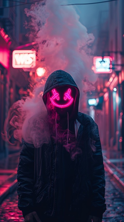 A boy wearing black hoodie with glowing neon smile face mask, surrounded by pink smoke and blue light in the dark background (361)
