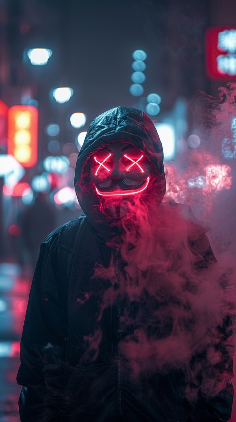 A boy wearing black hoodie with glowing neon smile face mask, surrounded by pink smoke and blue light in the dark background (384)