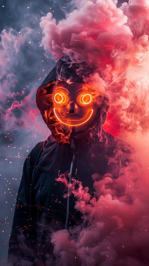 A boy wearing black hoodie with glowing neon smile face mask, surrounded by pink smoke and blue light in the dark background (396)