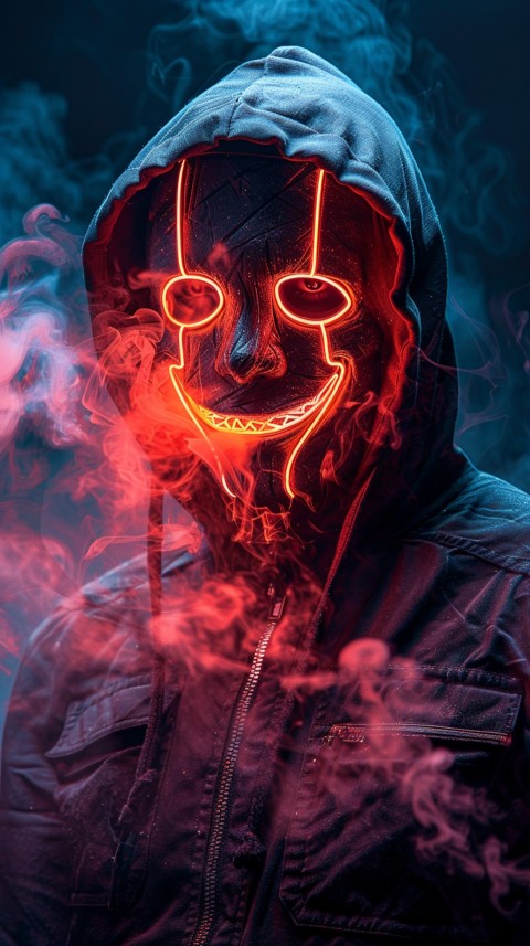 A boy wearing black hoodie with glowing neon smile face mask, surrounded by pink smoke and blue light in the dark background (360)