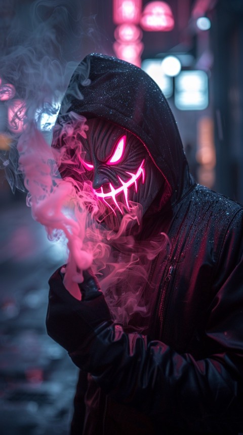 A boy wearing black hoodie with glowing neon smile face mask, surrounded by pink smoke and blue light in the dark background (389)
