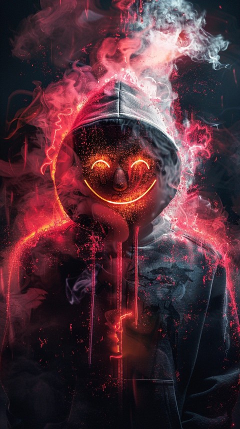 A boy wearing black hoodie with glowing neon smile face mask, surrounded by pink smoke and blue light in the dark background (369)