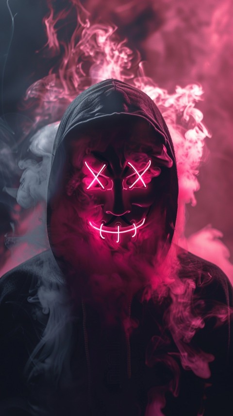 A boy wearing black hoodie with glowing neon smile face mask, surrounded by pink smoke and blue light in the dark background (433)