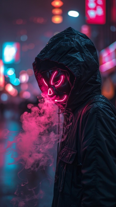 A boy wearing black hoodie with glowing neon smile face mask, surrounded by pink smoke and blue light in the dark background (427)