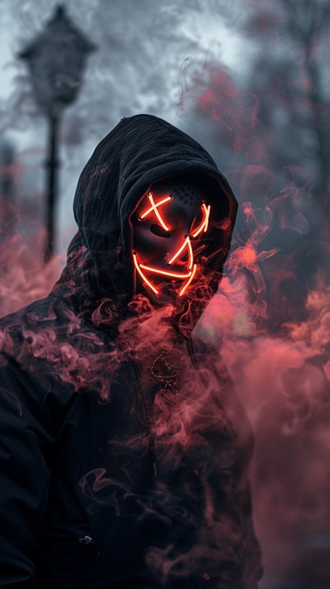 A boy wearing black hoodie with glowing neon smile face mask, surrounded by pink smoke and blue light in the dark background (437)
